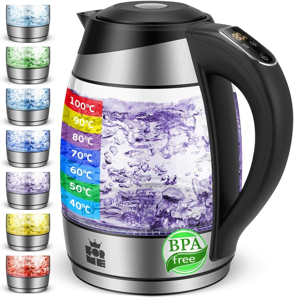 Shape Electric Glass Kettle 1.8L Adjustable Thermostat Temperature Selection from 40-100°C I Seven Colors LED Lighting I Keep Warm Function I Teapot I BPA Free - Additional Image