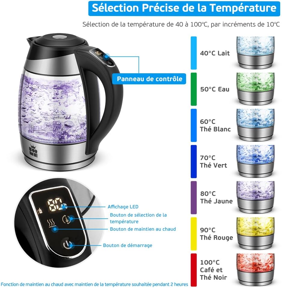 Shape Electric Glass Kettle 1.8L Adjustable Thermostat Temperature Selection from 40-100°C I Seven Colors LED Lighting I Keep Warm Function I Teapot I BPA Free - Additional Image