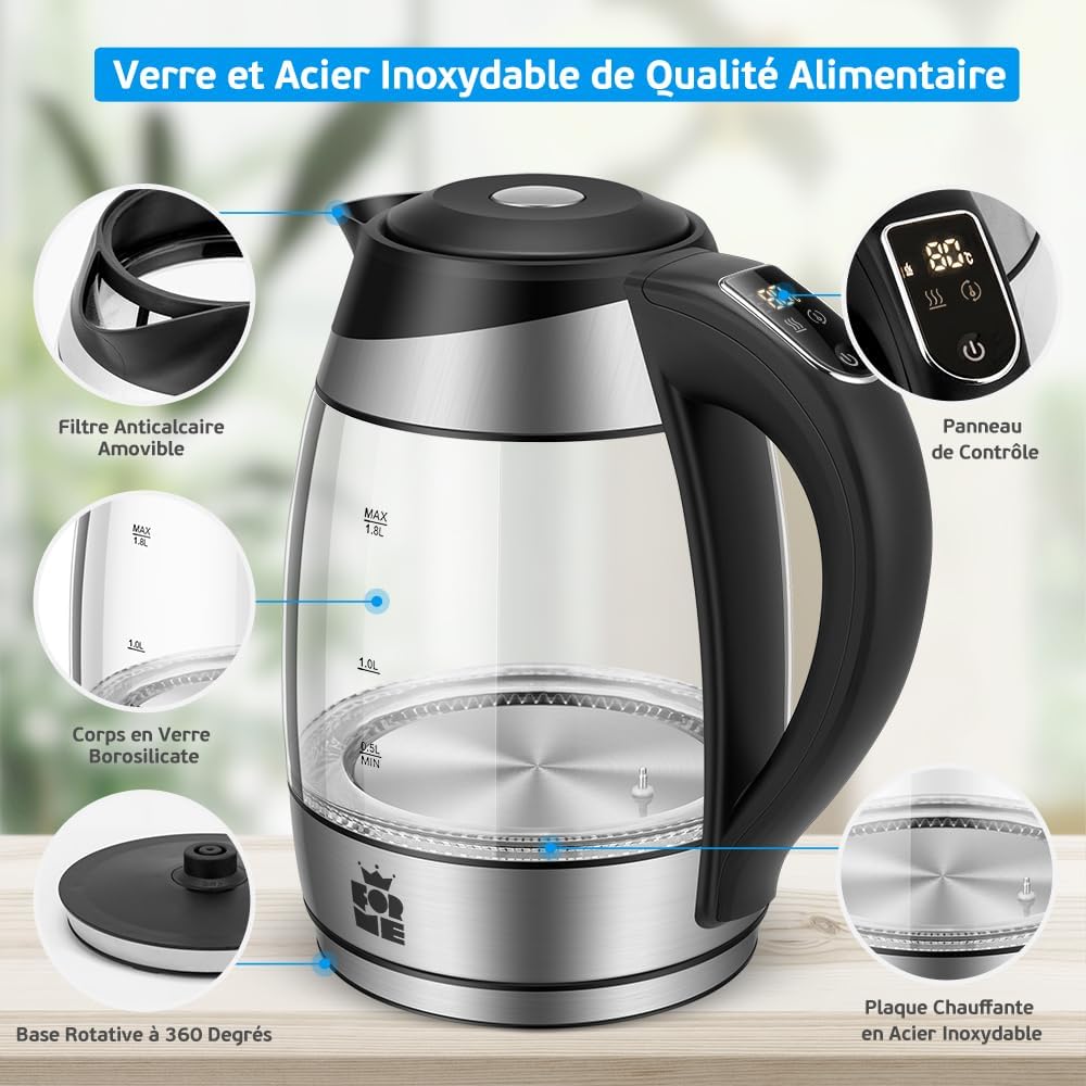 Shape Electric Glass Kettle 1.8L Adjustable Thermostat Temperature Selection from 40-100°C I Seven Colors LED Lighting I Keep Warm Function I Teapot I BPA Free - Additional Image