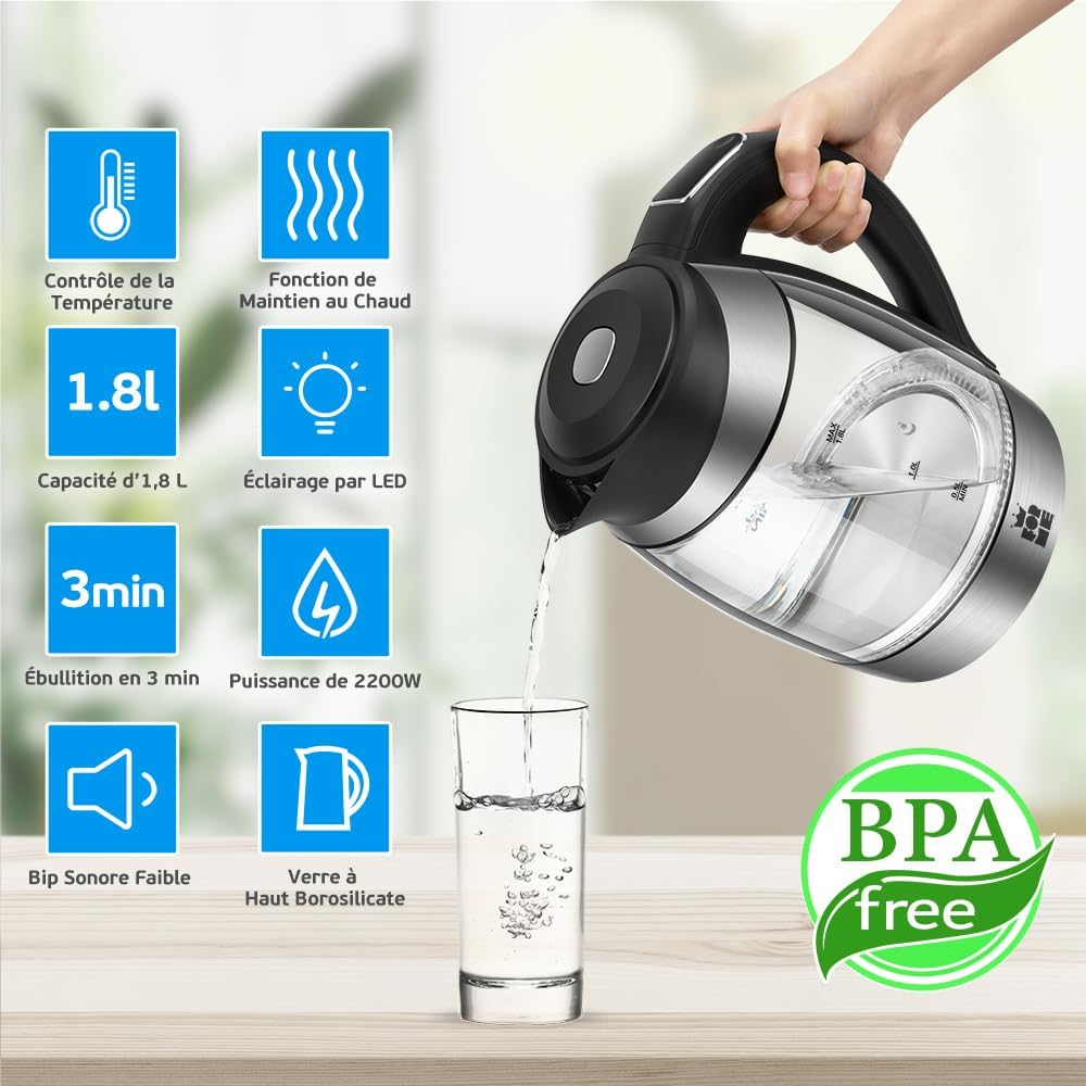 Shape Electric Glass Kettle 1.8L Adjustable Thermostat Temperature Selection from 40-100°C I Seven Colors LED Lighting I Keep Warm Function I Teapot I BPA Free - Additional Image