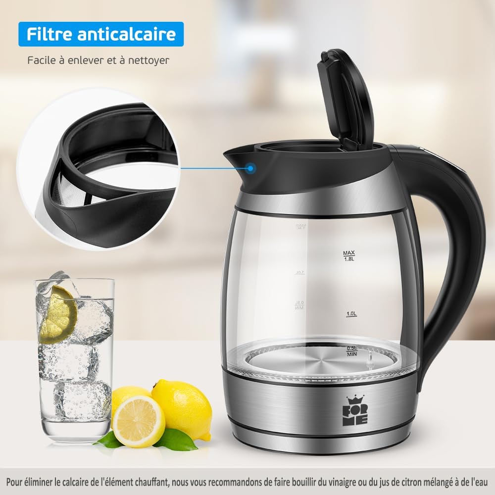 Shape Electric Glass Kettle 1.8L Adjustable Thermostat Temperature Selection from 40-100°C I Seven Colors LED Lighting I Keep Warm Function I Teapot I BPA Free - Additional Image