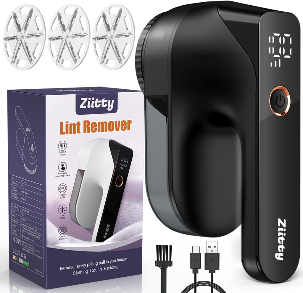 Ziitty Electric Pill Shaver LCD Display, Rechargeable Type-C Cable, 3 Adjustable Power Levels, 6 Blades Head for Lush, Ideal for Clothing, Sofa, Covers, Curtains Black - Additional Image
