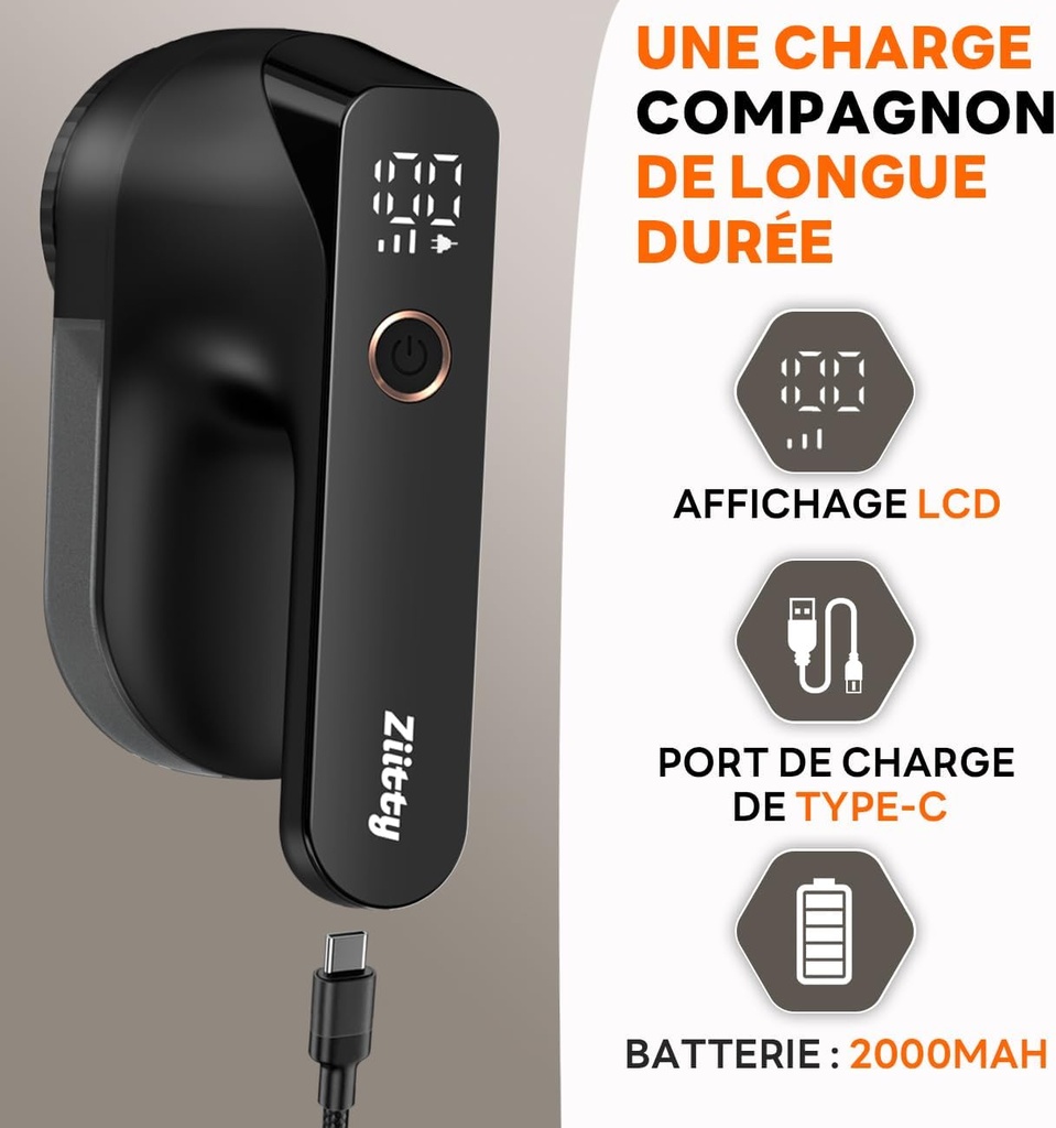 Ziitty Electric Pill Shaver LCD Display, Rechargeable Type-C Cable, 3 Adjustable Power Levels, 6 Blades Head for Lush, Ideal for Clothing, Sofa, Covers, Curtains Black - Additional Image