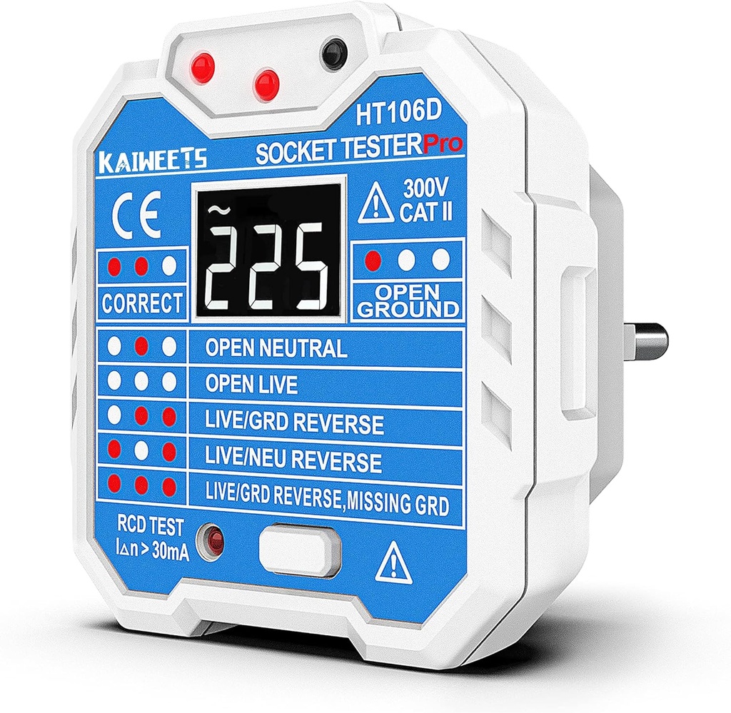 Socket Tester, Electrical Circuit Tester, Detect 7 Wiring Conditions/Voltage Display/Test RCD/48-250V/CAT II 300V - Additional Image