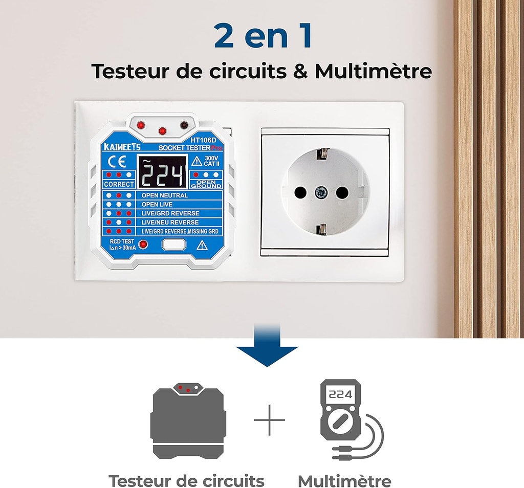 Socket Tester, Electrical Circuit Tester, Detect 7 Wiring Conditions/Voltage Display/Test RCD/48-250V/CAT II 300V - Additional Image
