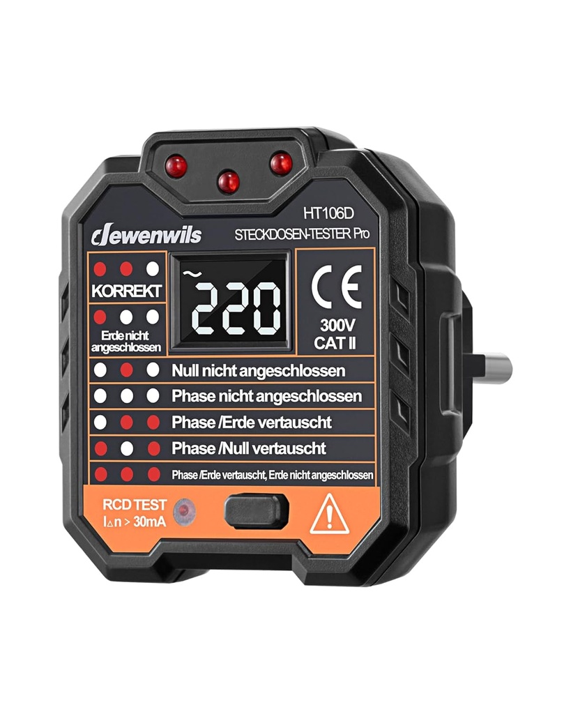 DEWENWILS Socket Tester with RCD Test and Voltage Display, Electrical Circuit Tester with 7 Indicator Indicators for 48-250V/45-65Hz, CAT II 300V, CE Certified - Additional Image