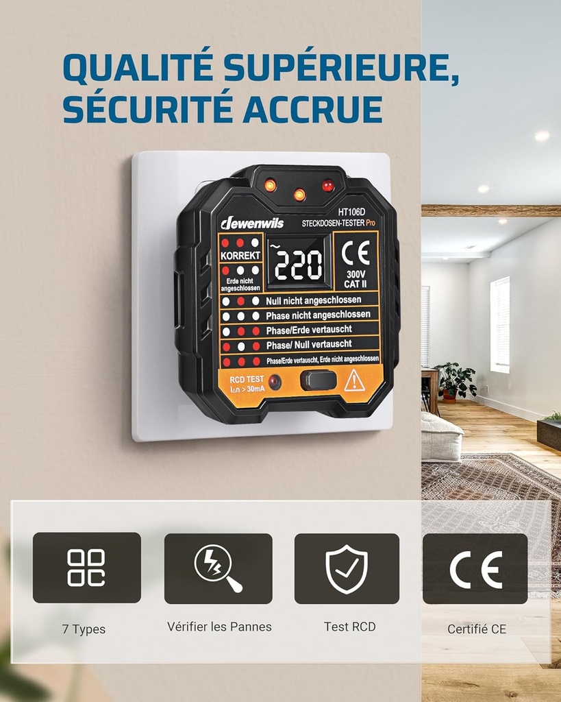 DEWENWILS Socket Tester with RCD Test and Voltage Display, Electrical Circuit Tester with 7 Indicator Indicators for 48-250V/45-65Hz, CAT II 300V, CE Certified - Additional Image