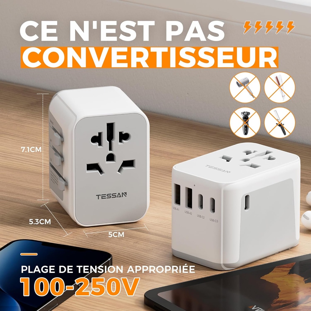 TESSAN Universal Plug Adapter, Universal Travel Adapter with 2 USB and 3 Type C, International Travel Accessories France to USA English Thailand Australia China Japan - Additional Image