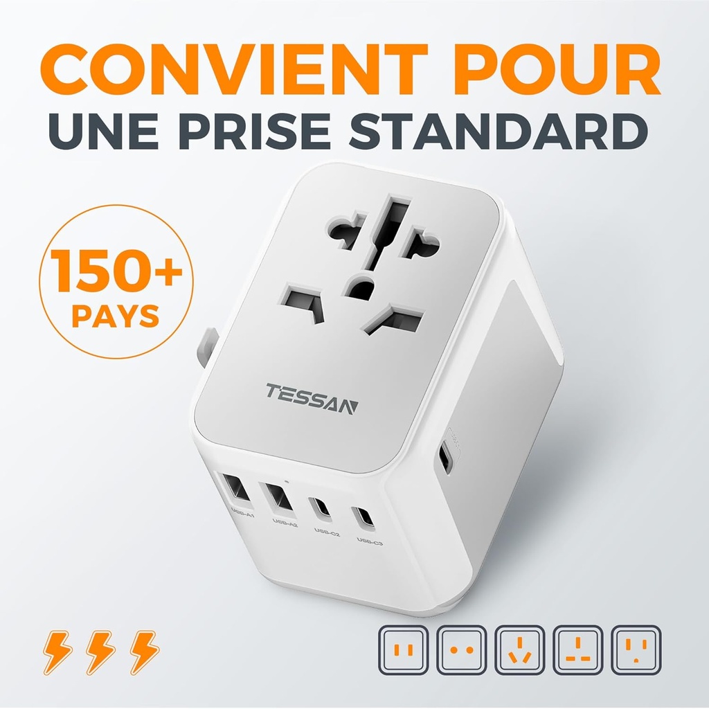 TESSAN Universal Plug Adapter, Universal Travel Adapter with 2 USB and 3 Type C, International Travel Accessories France to USA English Thailand Australia China Japan - Additional Image