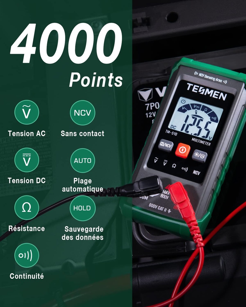 TESMEN TM-510 Digital Multimeter, Electric Tester 4000 Counts, Professional Multimeter, Intelligent Measurement, Auto-Ranging Voltmeter, AC/DC Voltage Measurement, Resistance, Continuity – Green - Additional Image
