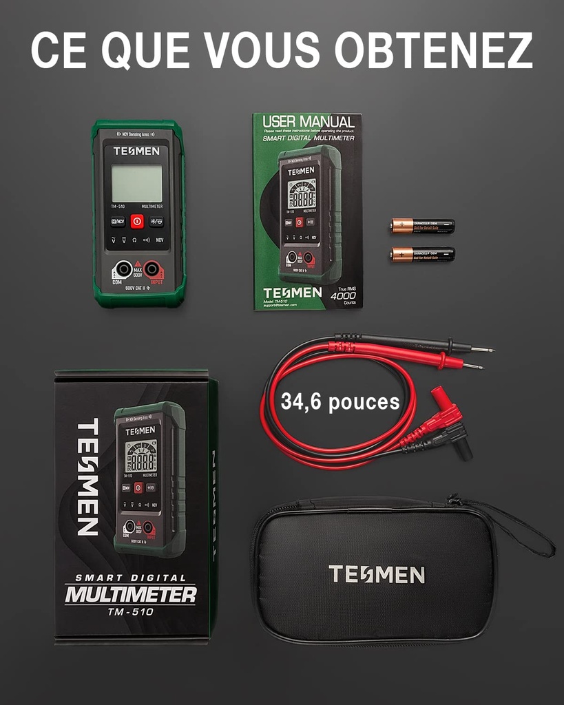 TESMEN TM-510 Digital Multimeter, Electric Tester 4000 Counts, Professional Multimeter, Intelligent Measurement, Auto-Ranging Voltmeter, AC/DC Voltage Measurement, Resistance, Continuity – Green - Additional Image