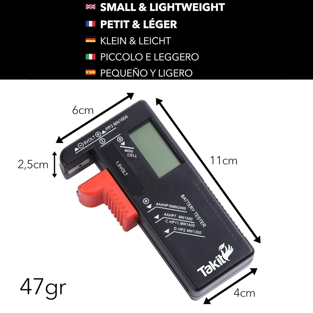 Takit Digital Battery Tester for AA, AAA, C, D, PP3, 9 V, 1.5 V, Button Batteries – Works Without Batteries – French Brand - Additional Image