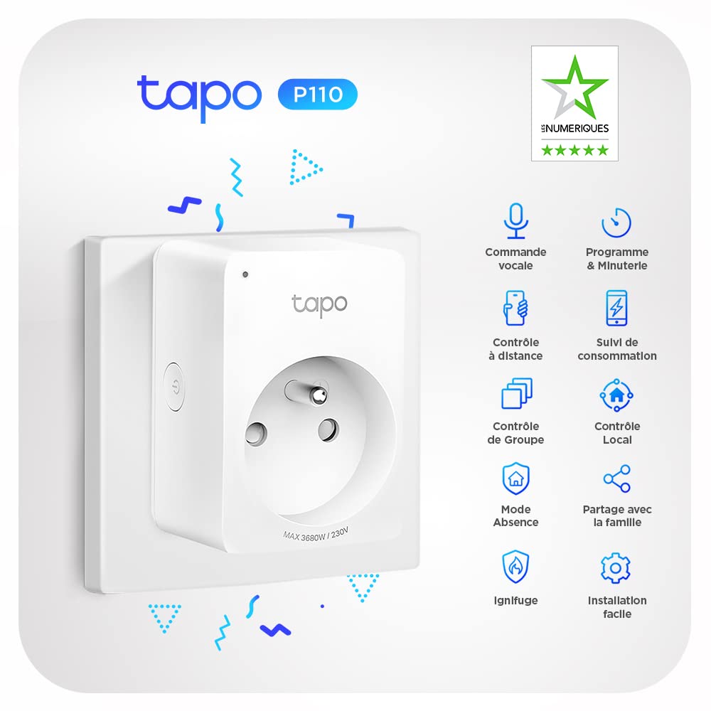 Tapo WiFi Connected Socket, Consumption Tracking, 16A Type E, Compatible with Alexa and Google Home, Control Radiator, Heating, Energy Saving, Voice Control, Tapo P110(FR) - Additional Image