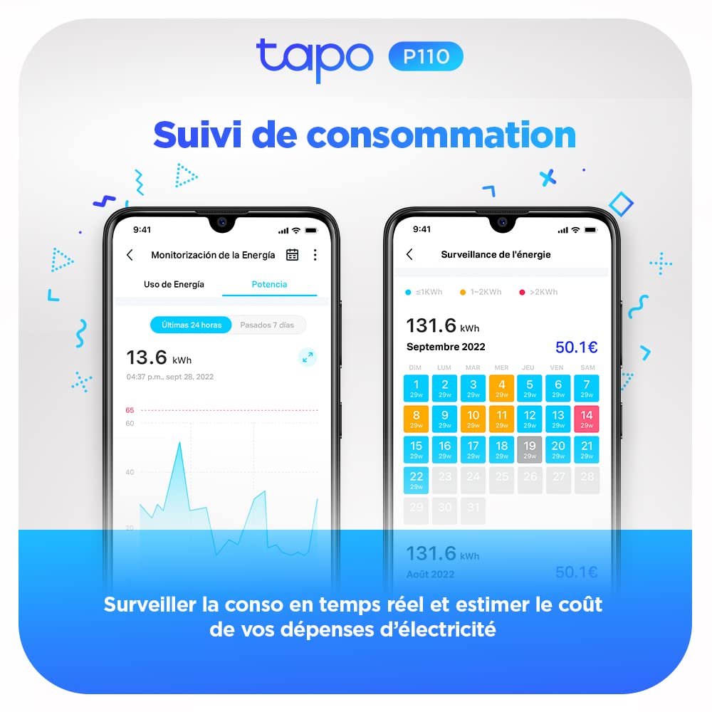 Tapo WiFi Connected Socket, Consumption Tracking, 16A Type E, Compatible with Alexa and Google Home, Control Radiator, Heating, Energy Saving, Voice Control, Tapo P110(FR) - Additional Image