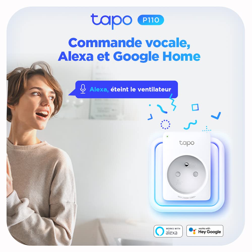 Tapo WiFi Connected Socket, Consumption Tracking, 16A Type E, Compatible with Alexa and Google Home, Control Radiator, Heating, Energy Saving, Voice Control, Tapo P110(FR) - Additional Image