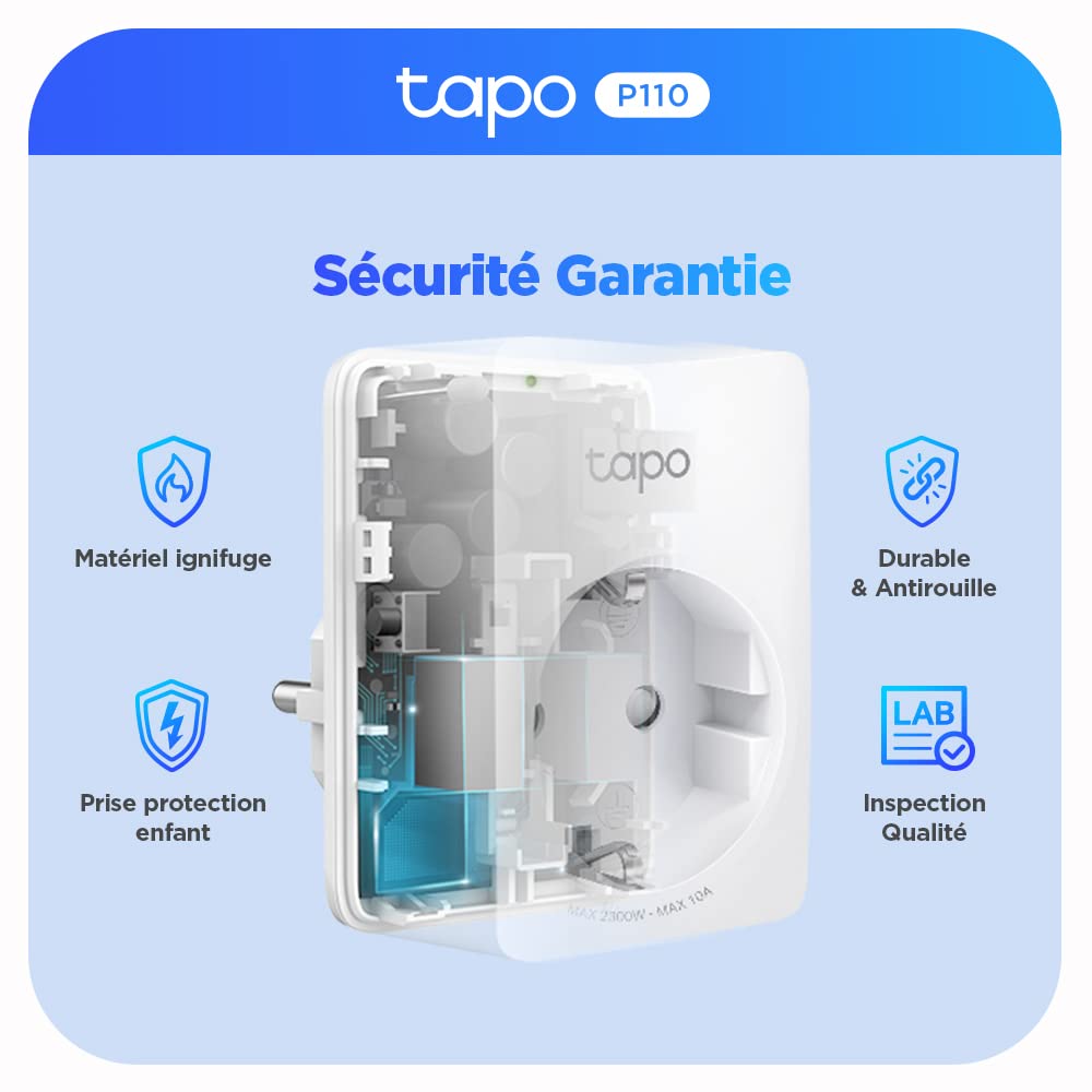 Tapo WiFi Connected Socket, Consumption Tracking, 16A Type E, Compatible with Alexa and Google Home, Control Radiator, Heating, Energy Saving, Voice Control, Tapo P110(FR) - Additional Image