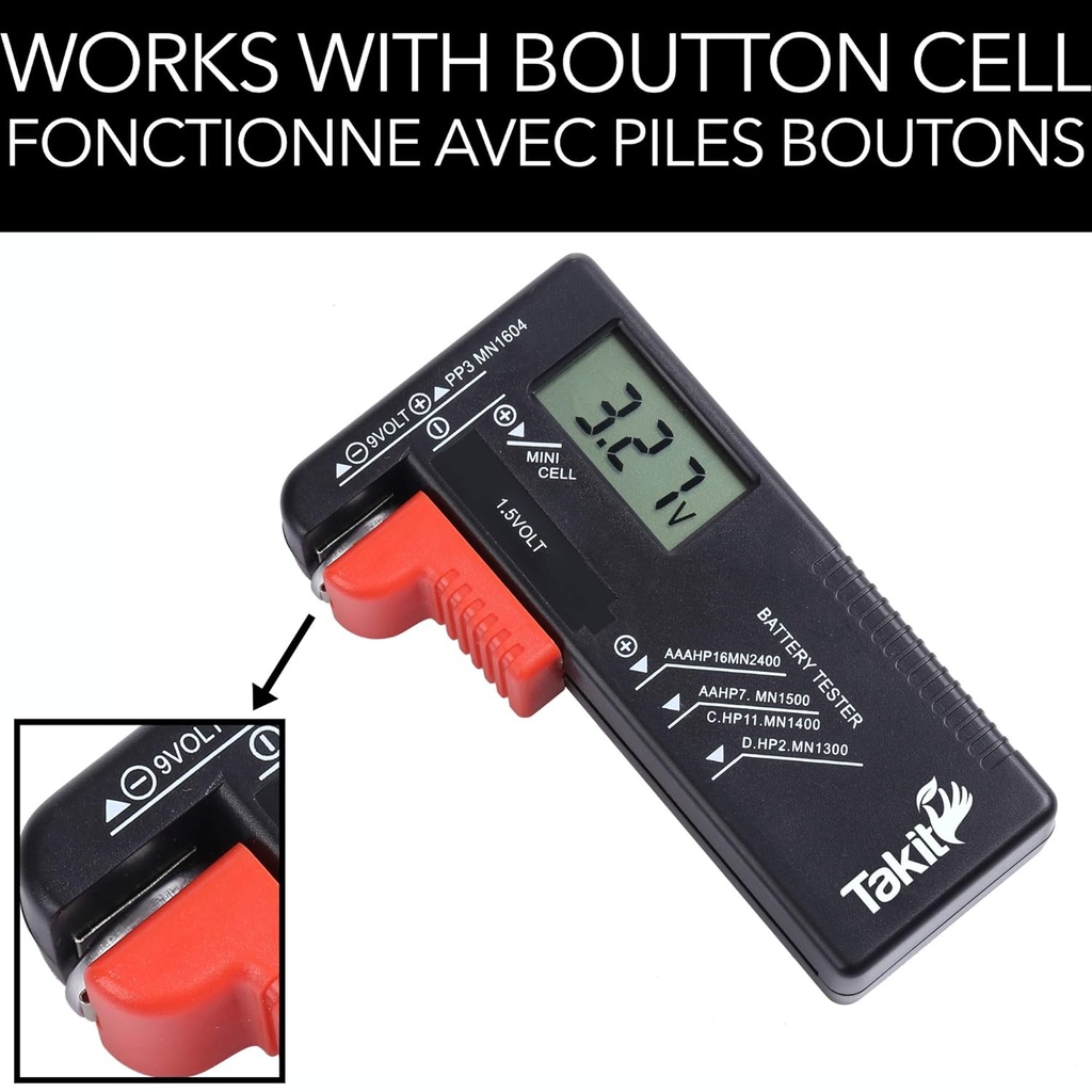 Takit Digital Battery Tester for AA, AAA, C, D, PP3, 9 V, 1.5 V, Button Batteries – Works Without Batteries – French Brand - Additional Image