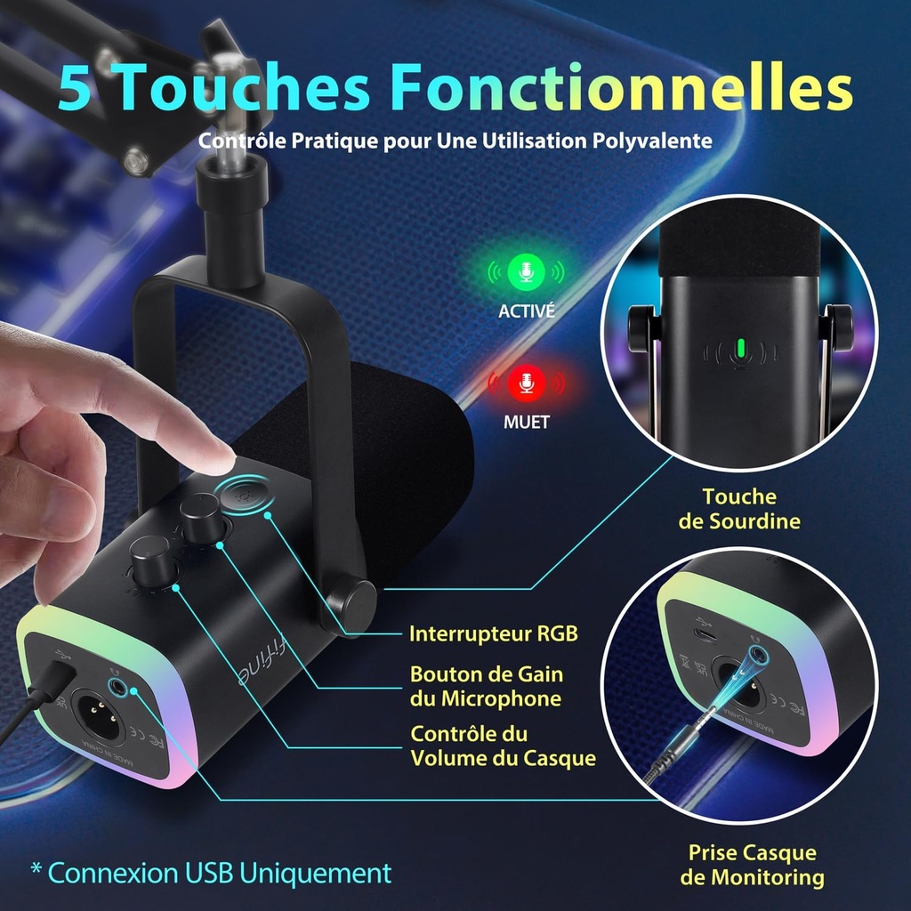 FIFINE USB/XLR Streaming Microphone Gaming for PC PS4 PS5, RGB Cardioid Dynamic Microphone with Stand, for Mixer Sound Cards, for Gaming, Podcasting, Broadcasting, Voice Recording - Additional Image
