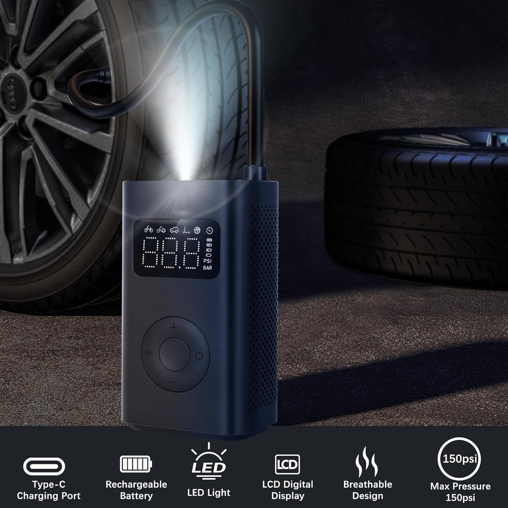 Mi Air Pump 2, Mijia Portable Air Compressor 2nd, Electric Car Tyre Inflator, Portable Pump Compressors 150PSI Lamp LED Torch, 2000mAh Charge Pump for Car, Bicycle, Motorcycle, Scoot, Ball - Additional Image