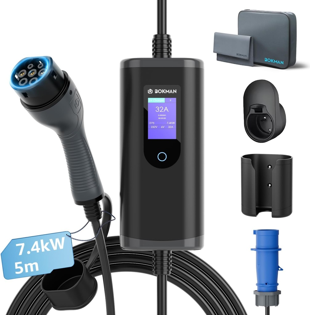 bokman Electric Car Charging Station 7kW, 32A Type 2- CEE P17 Socket Portable EV Charger Charging Station Mobile/Wallbox Adjustable 6-32A | 7.4kW | 5 Meter - Additional Image