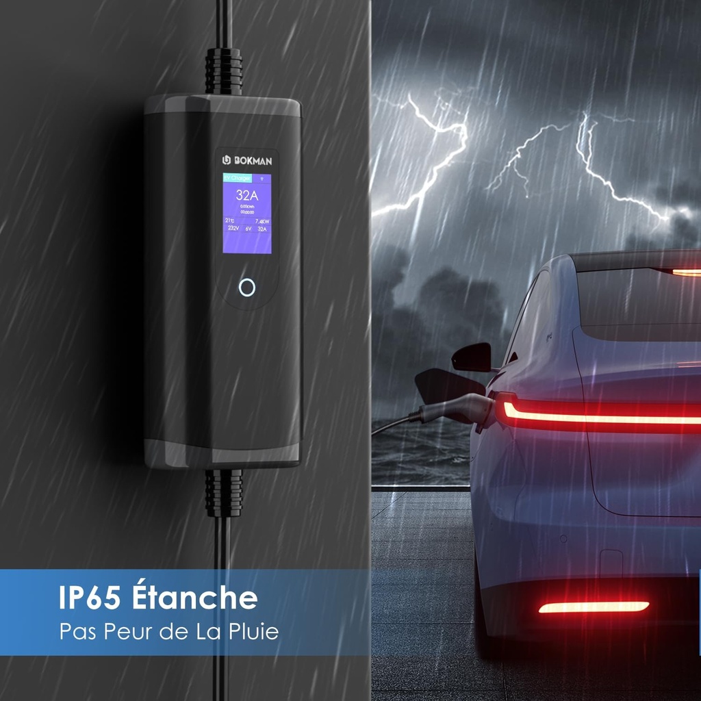 bokman Electric Car Charging Station 7kW, 32A Type 2- CEE P17 Socket Portable EV Charger Charging Station Mobile/Wallbox Adjustable 6-32A | 7.4kW | 5 Meter - Additional Image