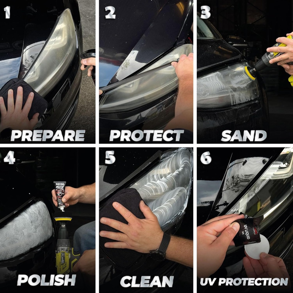 BassMotor Complete Kit for Polishing Dull and Worn Headlights for Car Restoration - Cleaning and Sanding Kit for Technical Inspection and Improving Visibility and Safety - Additional Image