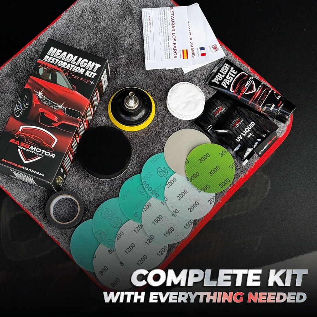 BassMotor Complete Kit for Polishing Dull and Worn Headlights for Car Restoration - Cleaning and Sanding Kit for Technical Inspection and Improving Visibility and Safety - Additional Image