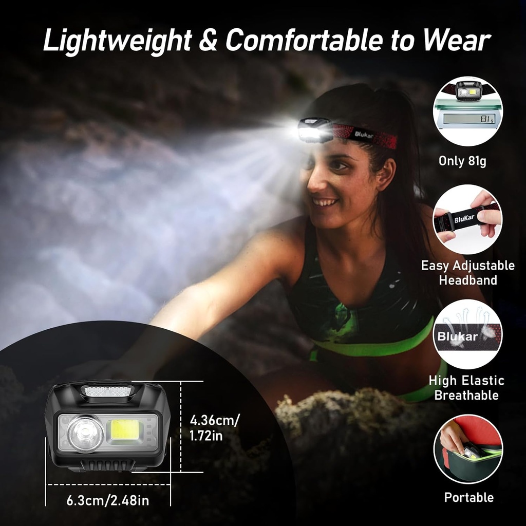 Blukar Rechargeable Headlamp, 2000LM Super Bright Waterproof Lightweight Powerful LED Head Torch with Red Indicator, 8 Lighting Modes, Motion Sensor, 30H Battery Life for Running/Emergency - Additional Image