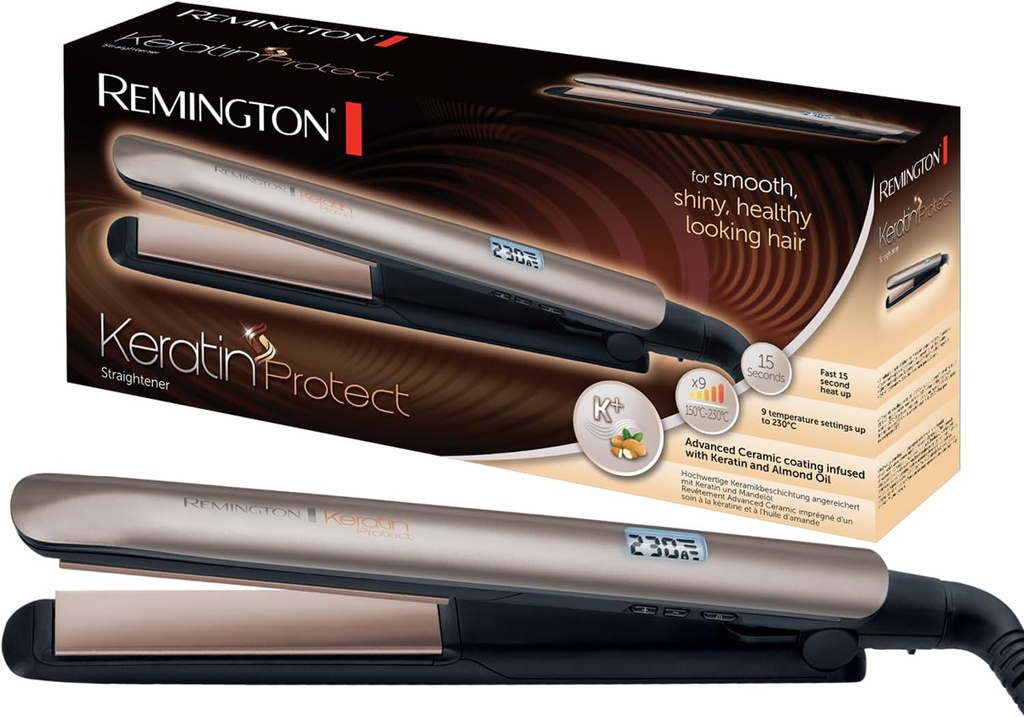 Remington Hair Straightener [Keratin & Almond Oil Care] Protect (Hair Care, Ceramic, LCD Screen, 10 Temperature Settings 150-230°C, Universal Voltage, Pouch) S8540 Straightening Iron - Additional Image