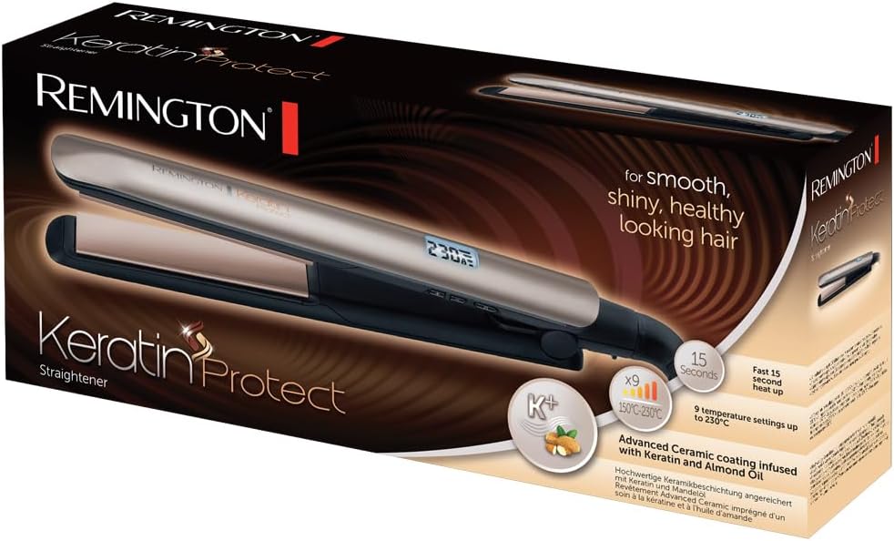 Remington Hair Straightener [Keratin & Almond Oil Care] Protect (Hair Care, Ceramic, LCD Screen, 10 Temperature Settings 150-230°C, Universal Voltage, Pouch) S8540 Straightening Iron - Additional Image