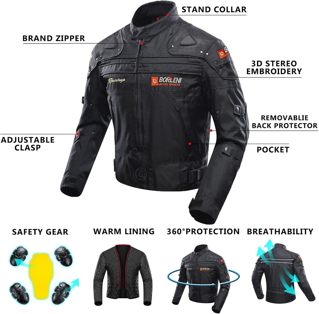 BORLENI Motorcycle Jacket, Motorcycle Jacket 4 Season Protective Gear Motorcycle Windproof with 5 Protectors Motorcycle Clothing for Men and Women, Black, L - Additional Image
