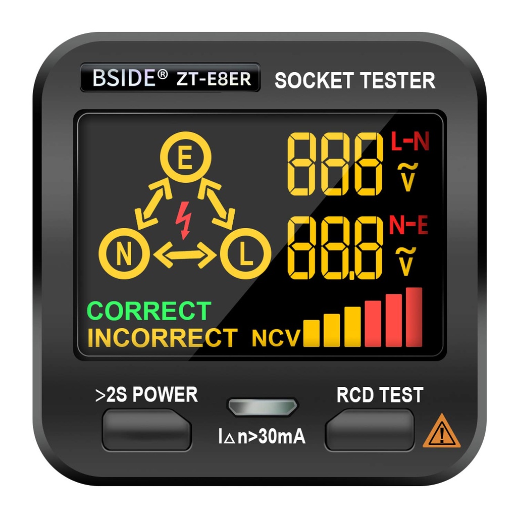 BSIDE Socket Tester RCD Tester for Outlets with Built-in Voltage Detector EBTN Display 3 Results Line Fault Test under Neutral and Earth Voltage Plug Leak Tester - Additional Image