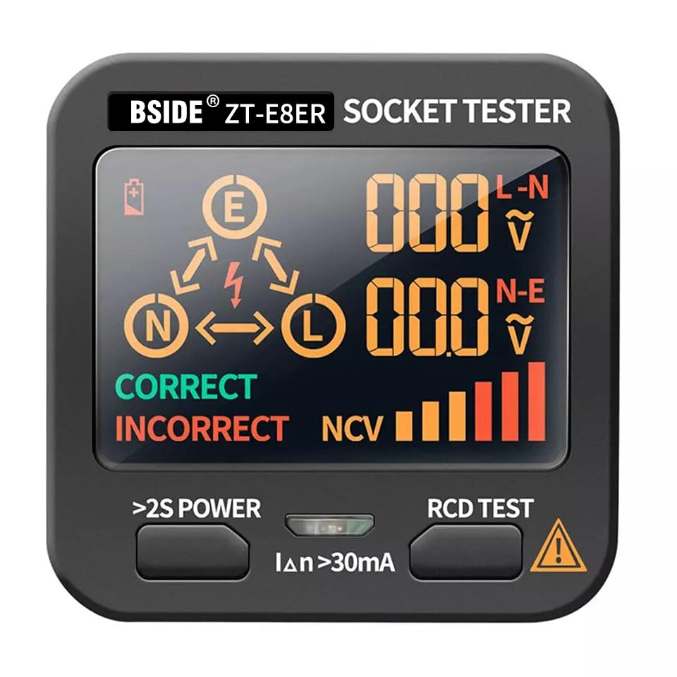 BSIDE Socket Tester RCD Tester for Outlets with Built-in Voltage Detector EBTN Display 3 Results Line Fault Test under Neutral and Earth Voltage Plug Leak Tester - Additional Image