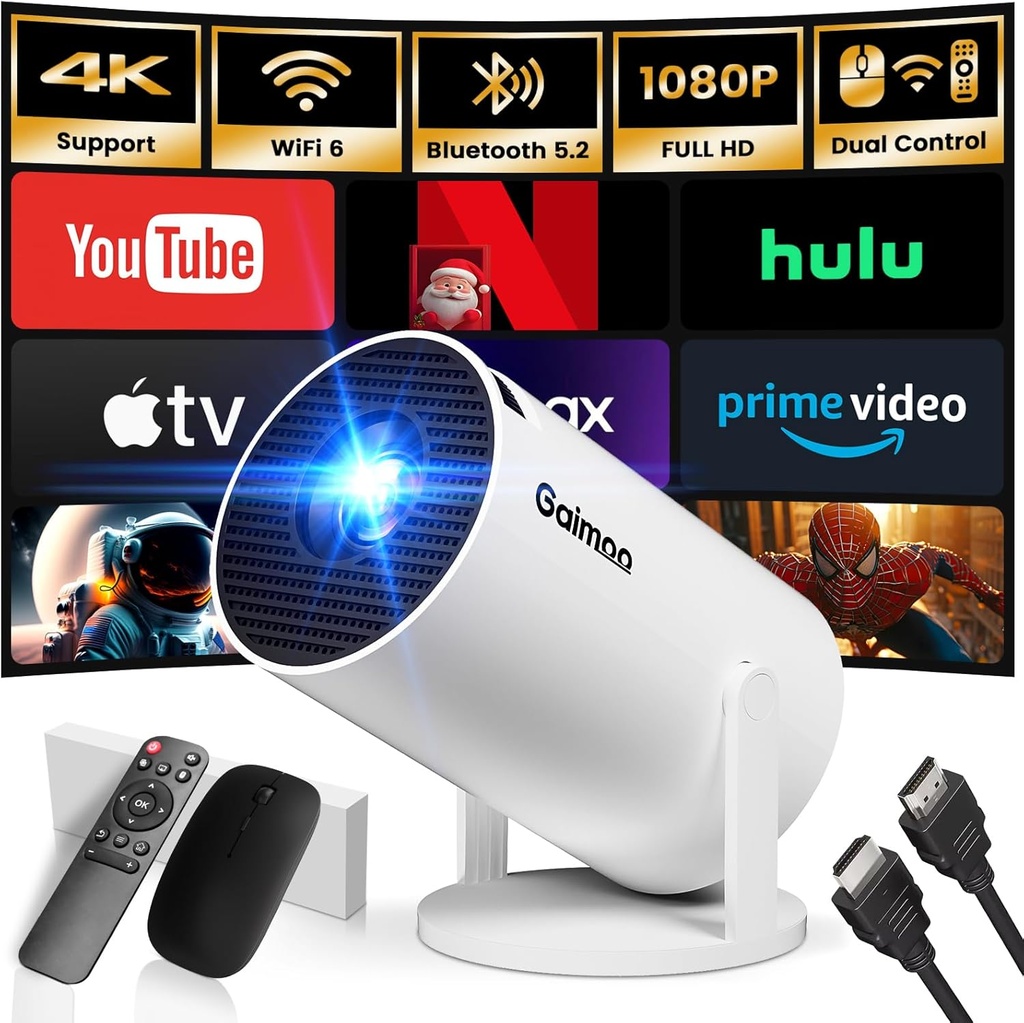 [Built-in App] 1080P FHD 4K 2025 Overhead Projector Portable Mini Projector Dual Control with Mouse Android TV WiFi 6 BT5.2 180° Rotation HDMI/TV Stick/USB/PS5, with HDMI and Mouse - Additional Image