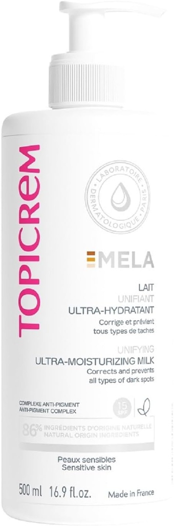 Topicrem - Mela Ultra Hydrating Body Lotion - Moisturizes 24 hours evenly, corrects and prevents stains - Liquid texture, floral fragrance - Sensitive skin - 500ml (packaging may vary) - Additional Image