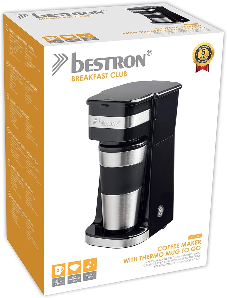 Bestron Coffee Maker with Insulated Cup for Ground Filter Coffee, Coffee Machine 2 for Large Cups, Ideal for Camping, Quick Preparation, 750 W, Colour: Silver - Additional Image