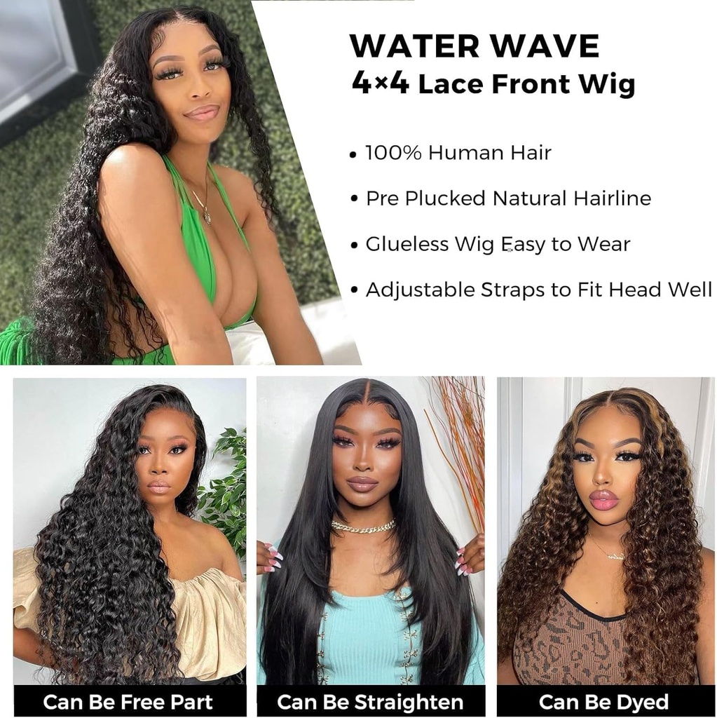 RXY Women's Natural Brazilian Water Wave 4x4 Closure Lace Wig Human Hair 18 Inches (46 cm) Lace Front Wig Human Hair 180% Density Human Hair for Black Women Nature Color - Additional Image