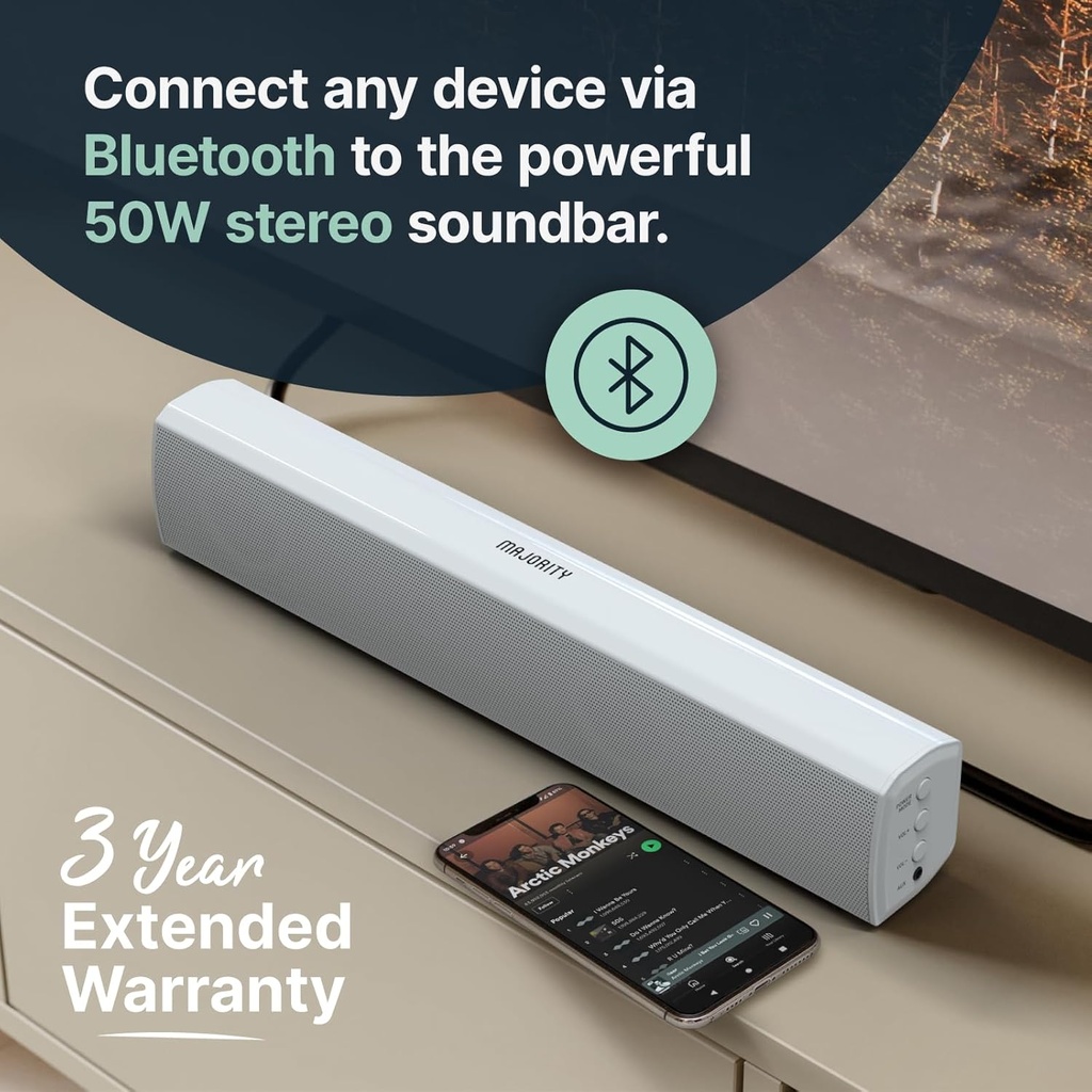 Majority Bowfell | Bluetooth Sound Bar for TVs | 2.0 50W Stereo Speakers for TV or PC | Optical Input, RCA, USB & AUX | 39 cm, EQ Settings, Remote Control Included (White) - Additional Image