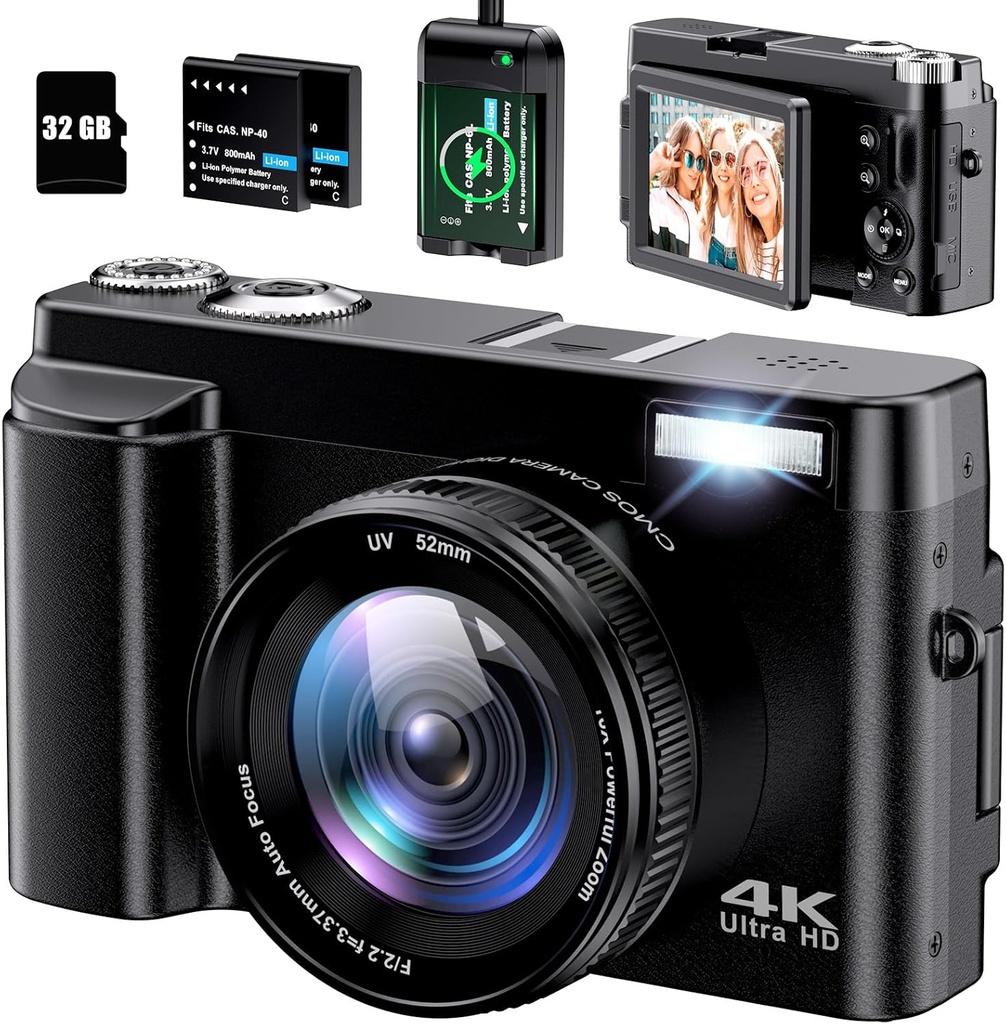 4K Digital Camera, Compact Camera 48MP 16X Digital Zoom 180° Flip Screen with Autofocus, Flash, Charging Dock, 2 Batteries, 32GB Card for Beginners, Kids, Vlogging - Additional Image