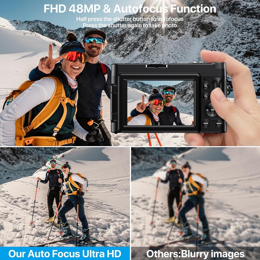 4K Digital Camera, Compact Camera 48MP 16X Digital Zoom 180° Flip Screen with Autofocus, Flash, Charging Dock, 2 Batteries, 32GB Card for Beginners, Kids, Vlogging - Additional Image