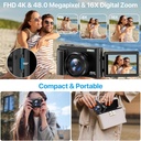 4K Digital Camera, Compact Camera 48MP 16X Digital Zoom 180° Flip Screen with Autofocus, Flash, Charging Dock, 2 Batteries, 32GB Card for Beginners, Kids, Vlogging - Additional Image