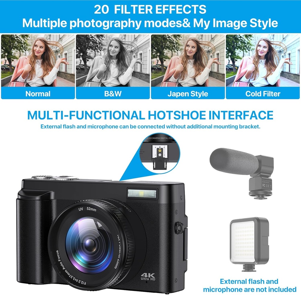 4K Digital Camera, Compact Camera 48MP 16X Digital Zoom 180° Flip Screen with Autofocus, Flash, Charging Dock, 2 Batteries, 32GB Card for Beginners, Kids, Vlogging - Additional Image