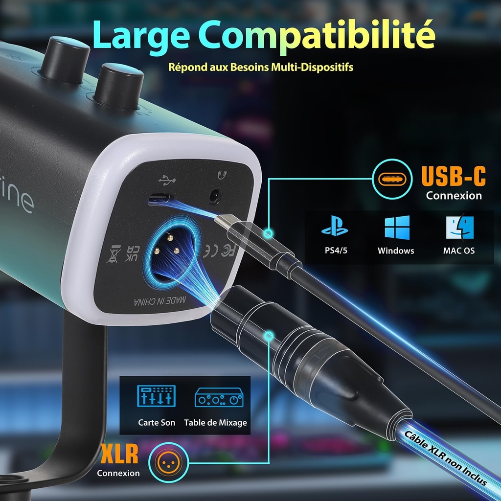 FIFINE USB/XLR Streaming Dynamic Mic for PC, RGB Cardioid Microphone for Gaming, Podcasting, Broadcasting, Voice Recording, for PS4/5 Mac PC Mixer Sound Cards - Additional Image