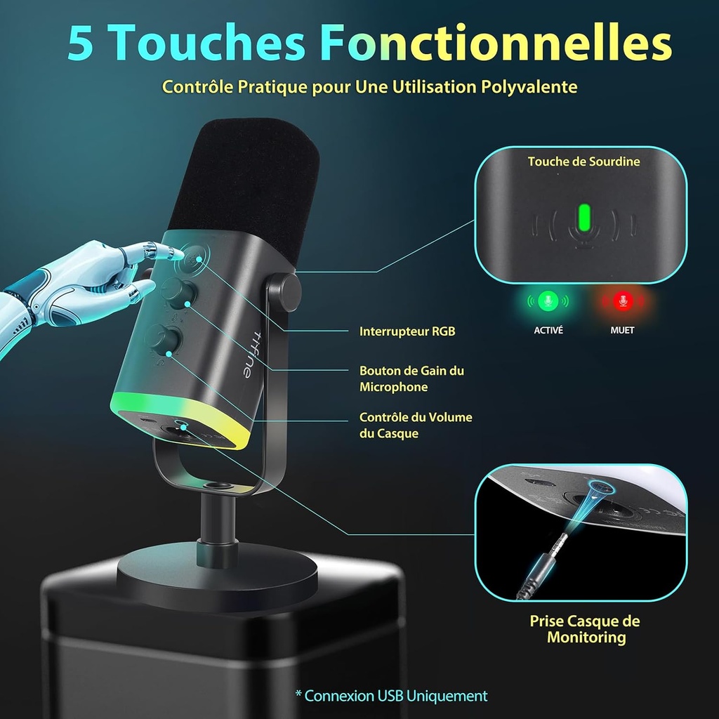 FIFINE USB/XLR Streaming Dynamic Mic for PC, RGB Cardioid Microphone for Gaming, Podcasting, Broadcasting, Voice Recording, for PS4/5 Mac PC Mixer Sound Cards - Additional Image