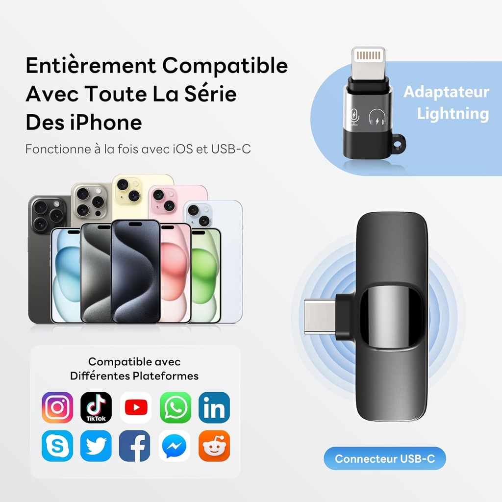 Qhot Wireless Tie Mic for iPhone, Clip-on Lavalier Wireless Bluetooth Microphone for Video Recording, Live Streaming, Podcast, Vlog, Youtube/TikTok (USB-C/ 2MIC) - Additional Image