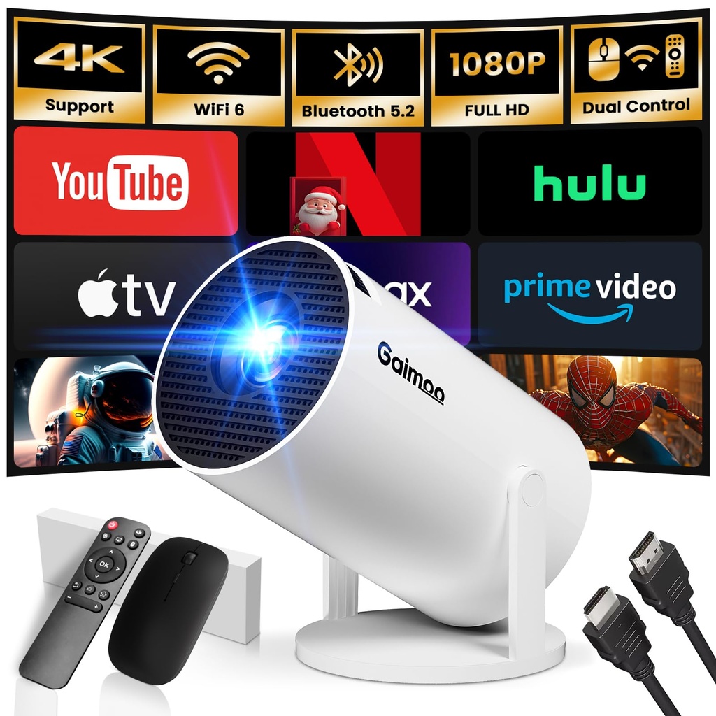 1080P FHD 4K 2025 Overhead Projector Portable Mini Projector Dual Control with Mouse Android TV WiFi 6 BT5.2 180° Rotation HDMI/TV Stick/USB/PS5, with HDMI and Mouse
