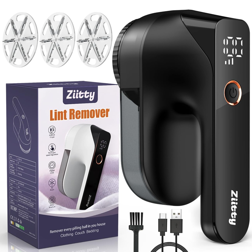 Ziitty Electric Pill Shaver LCD Display, Rechargeable Type-C Cable, 3 Adjustable Power Levels, 6 Blades Head for Lush, Ideal for Clothing, Sofa, Covers, Curtains Black