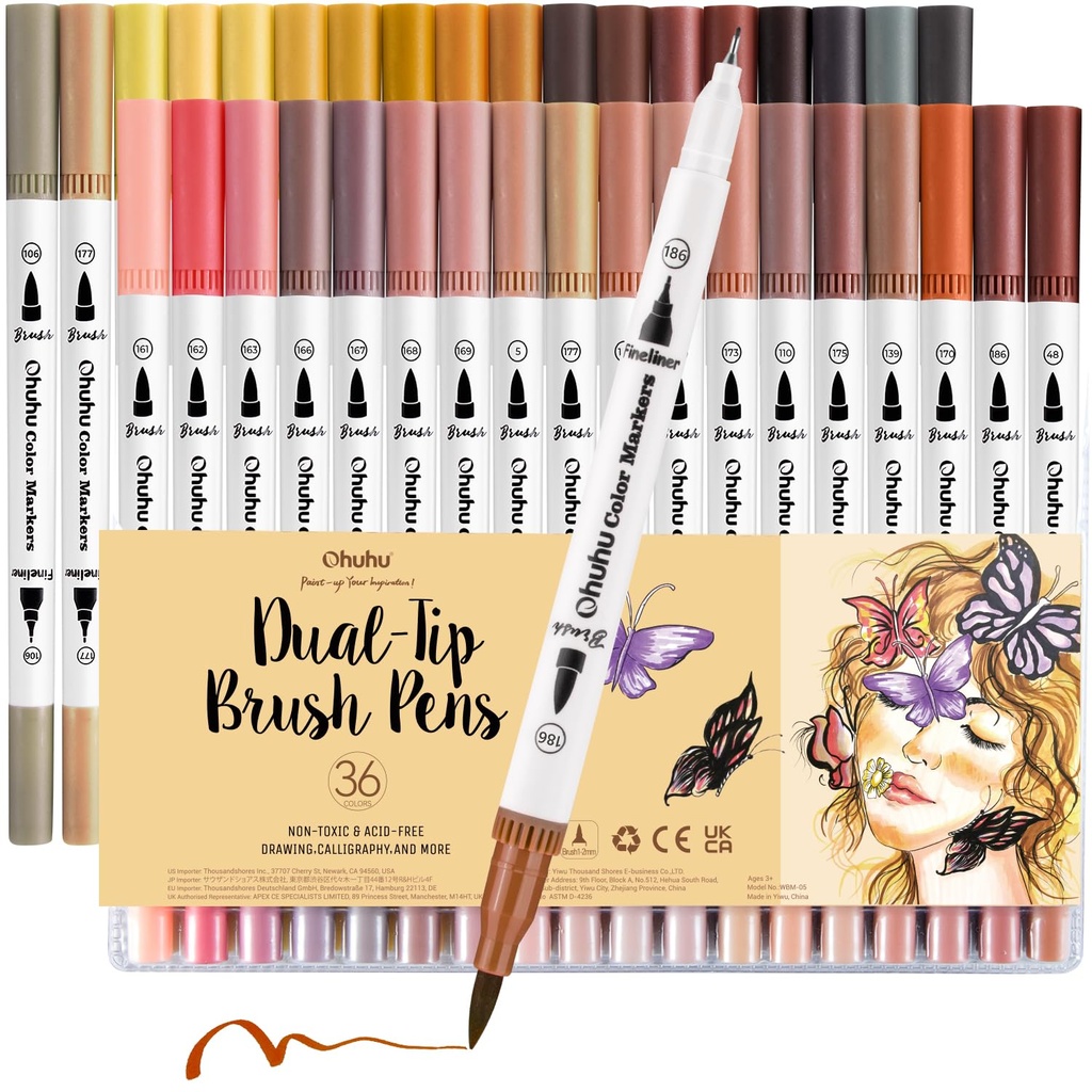 Ohuhu 36 Colors Fine Tip Dual Tip Water Based Marker Pens for Coloring, Portrait, Drawing, Lettering, Calligraphy, Diary