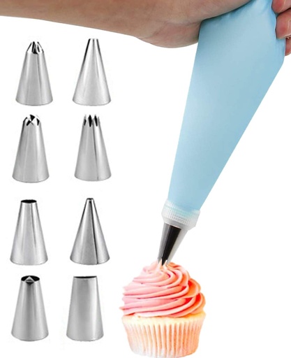 8 Pastry Nozzles and 1 Reusable Silicone Piping Bags, DIY Pastry Accessory Kit Professional Kit for Decorating Cupcake and Muffins Cakes