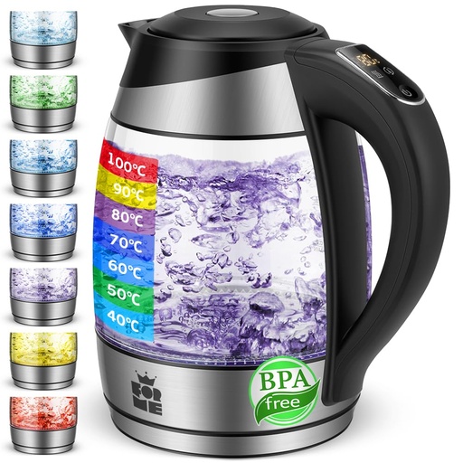 Shape Electric Glass Kettle 1.8L Adjustable Thermostat Temperature Selection from 40-100°C I Seven Colors LED Lighting I Keep Warm Function I Teapot I BPA Free